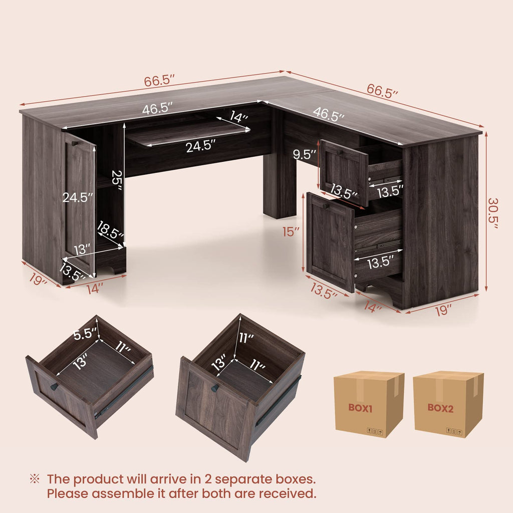 Tangkula L-Shaped Office Desk with Storage Drawers & Keyboard Tray