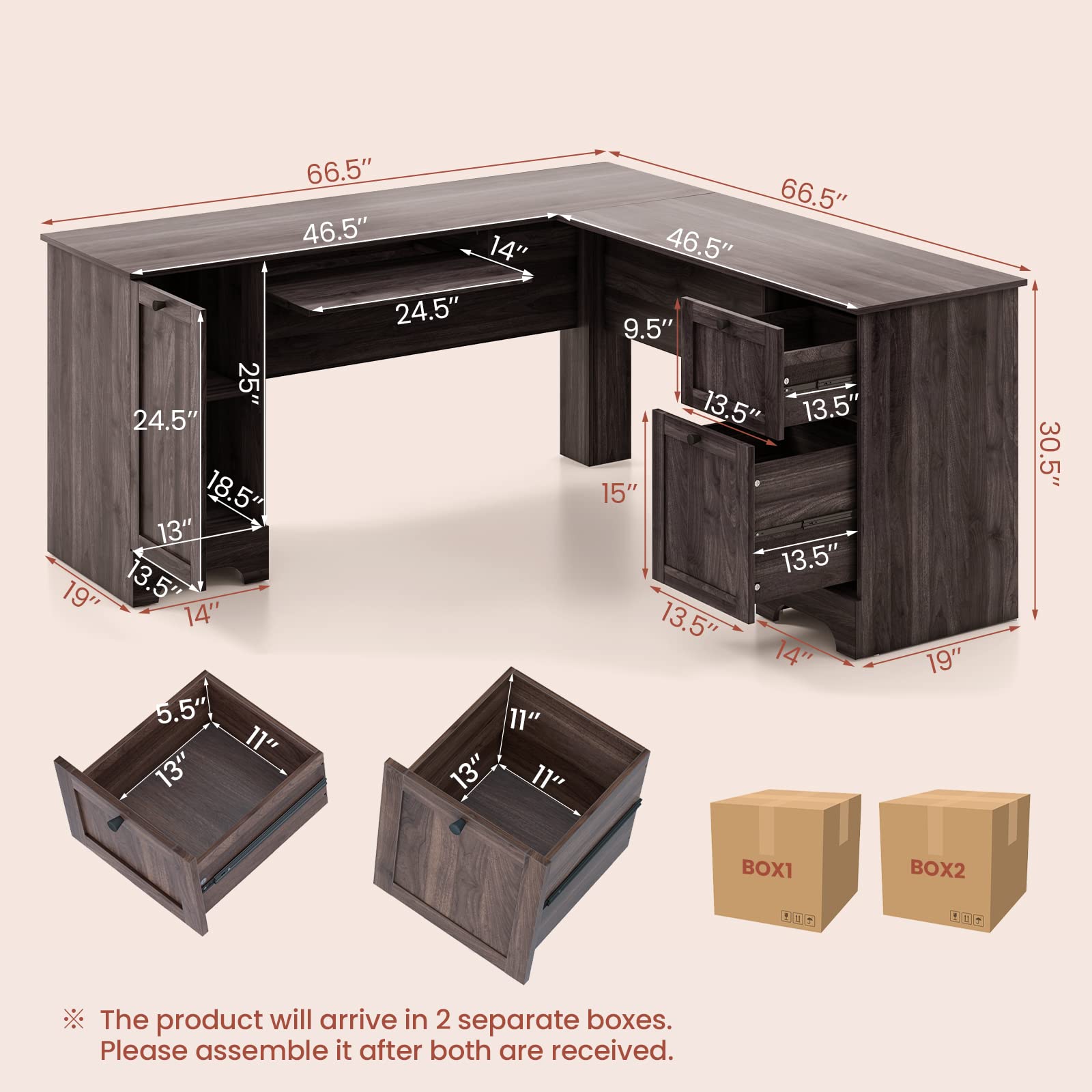 Tangkula L-Shaped Office Desk with Storage Drawers & Keyboard Tray