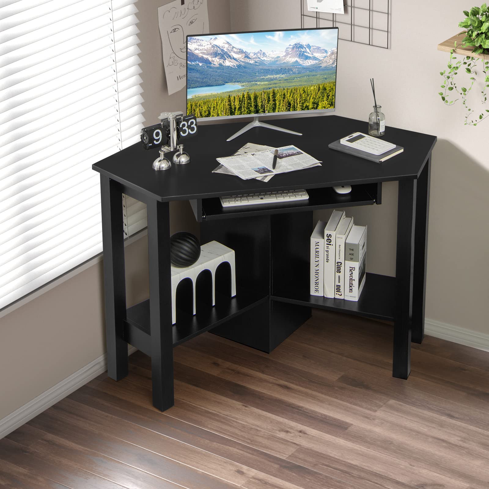 Tangkula Corner Desk, Corner Computer Desk with Smooth Keyboard Tray for Small Space