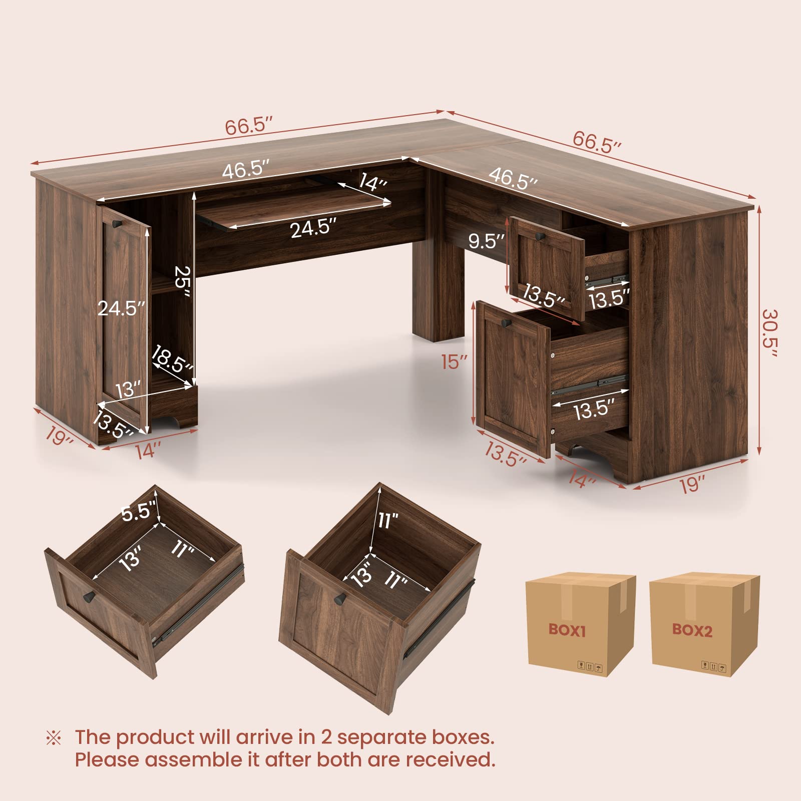 Tangkula L-Shaped Office Desk with Storage Drawers & Keyboard Tray