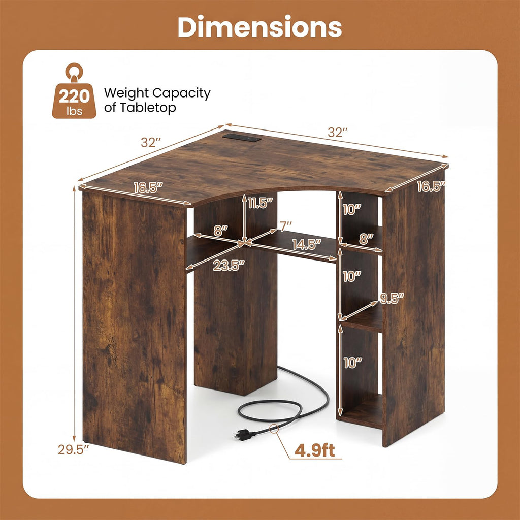 Tangkula 90-Degree Triangle Corner Desk with Charging Station & Open Storage Shelves