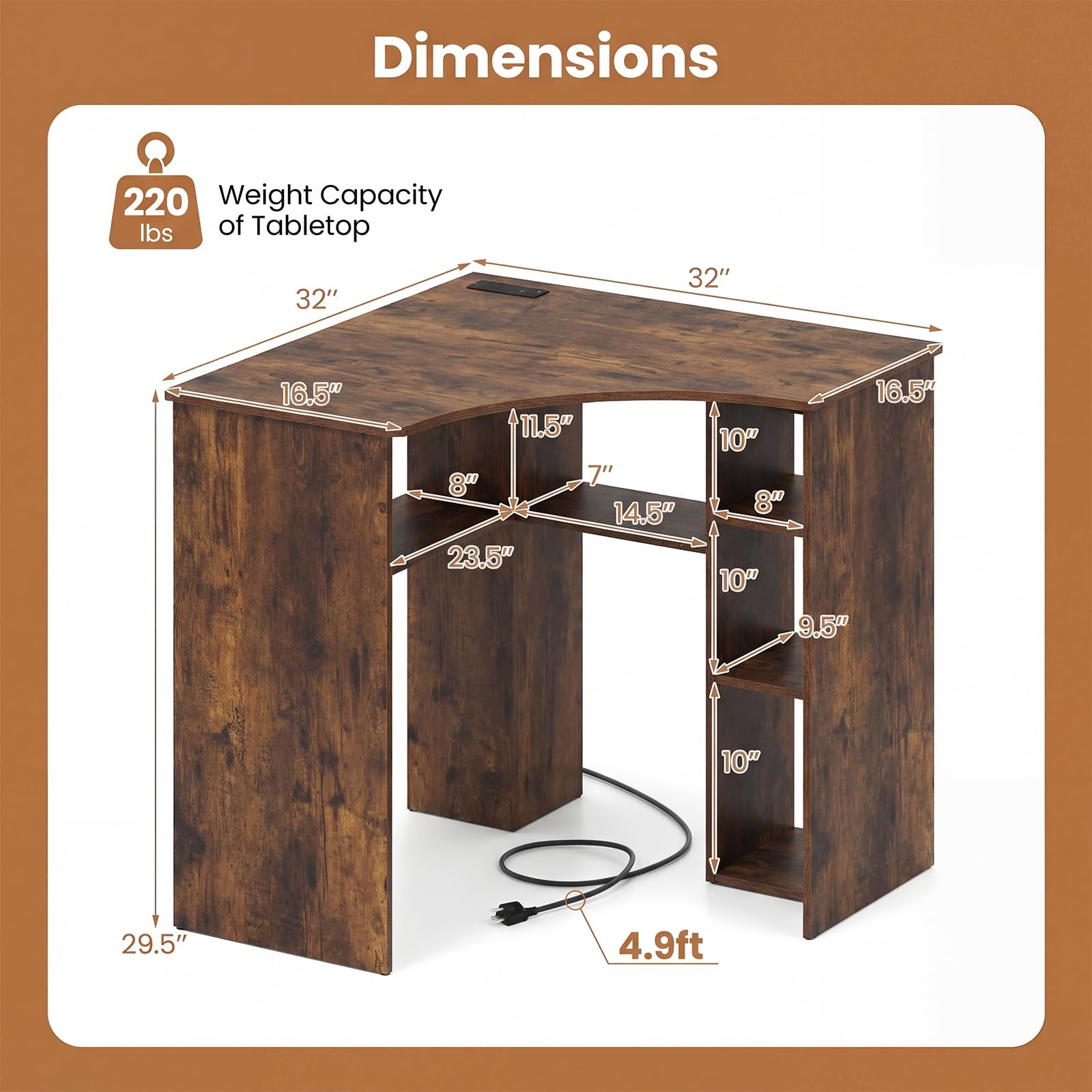 Tangkula 90-Degree Triangle Corner Desk with Charging Station & Open Storage Shelves