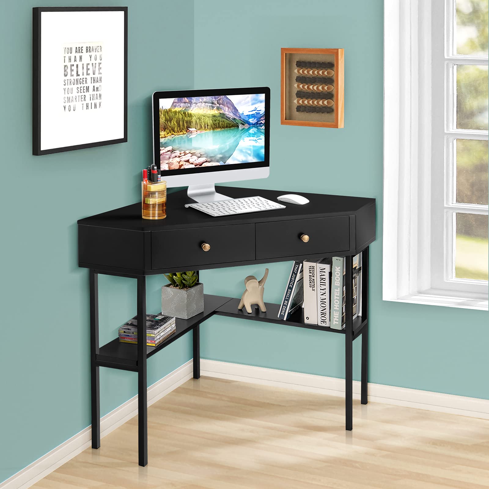Corner Desk with 2 Drawers, 90° Triangle Corner Computer Desk for Small Space