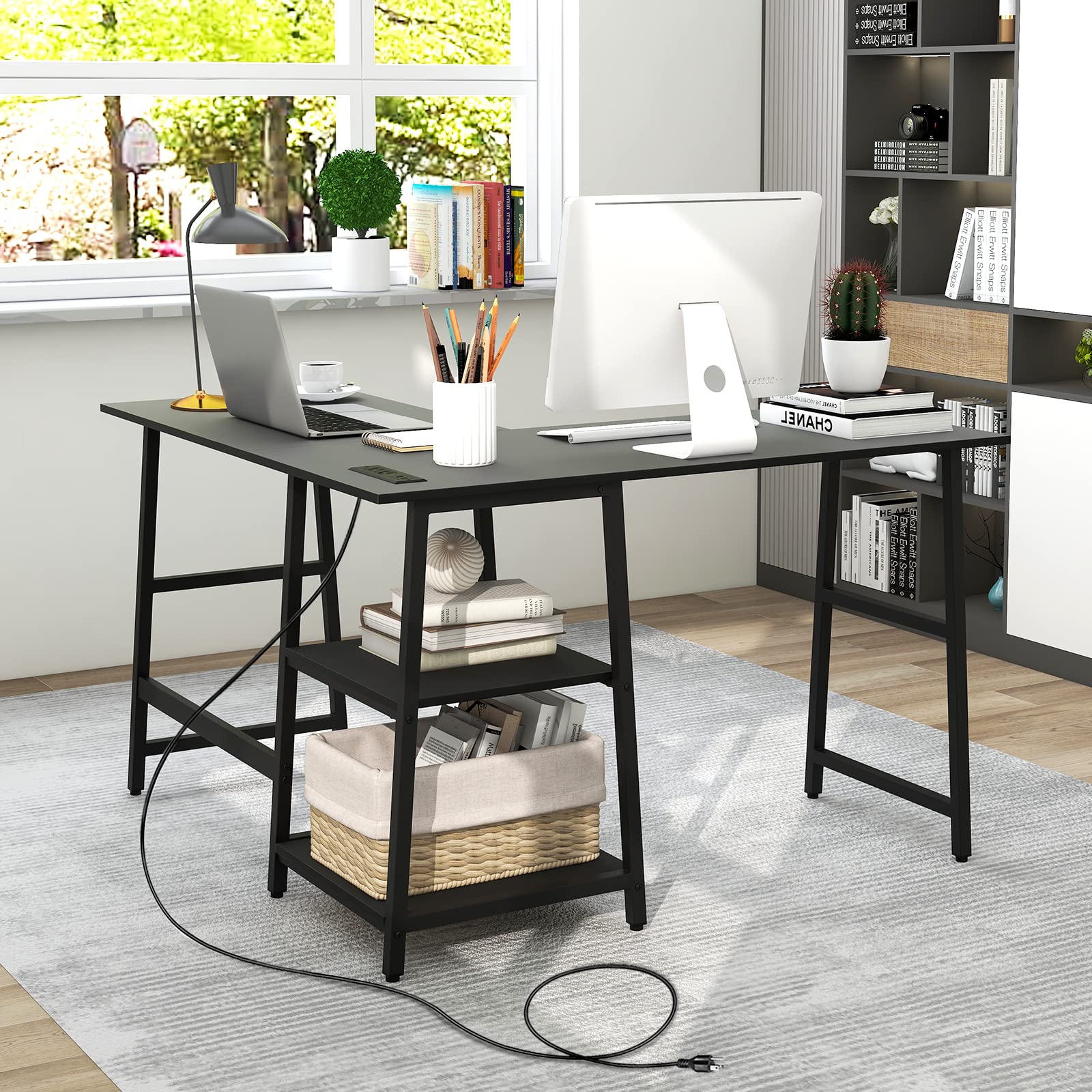 L Shaped Desk, Space Saving Corner Desk w/ 2 Tier Storage Shelves
