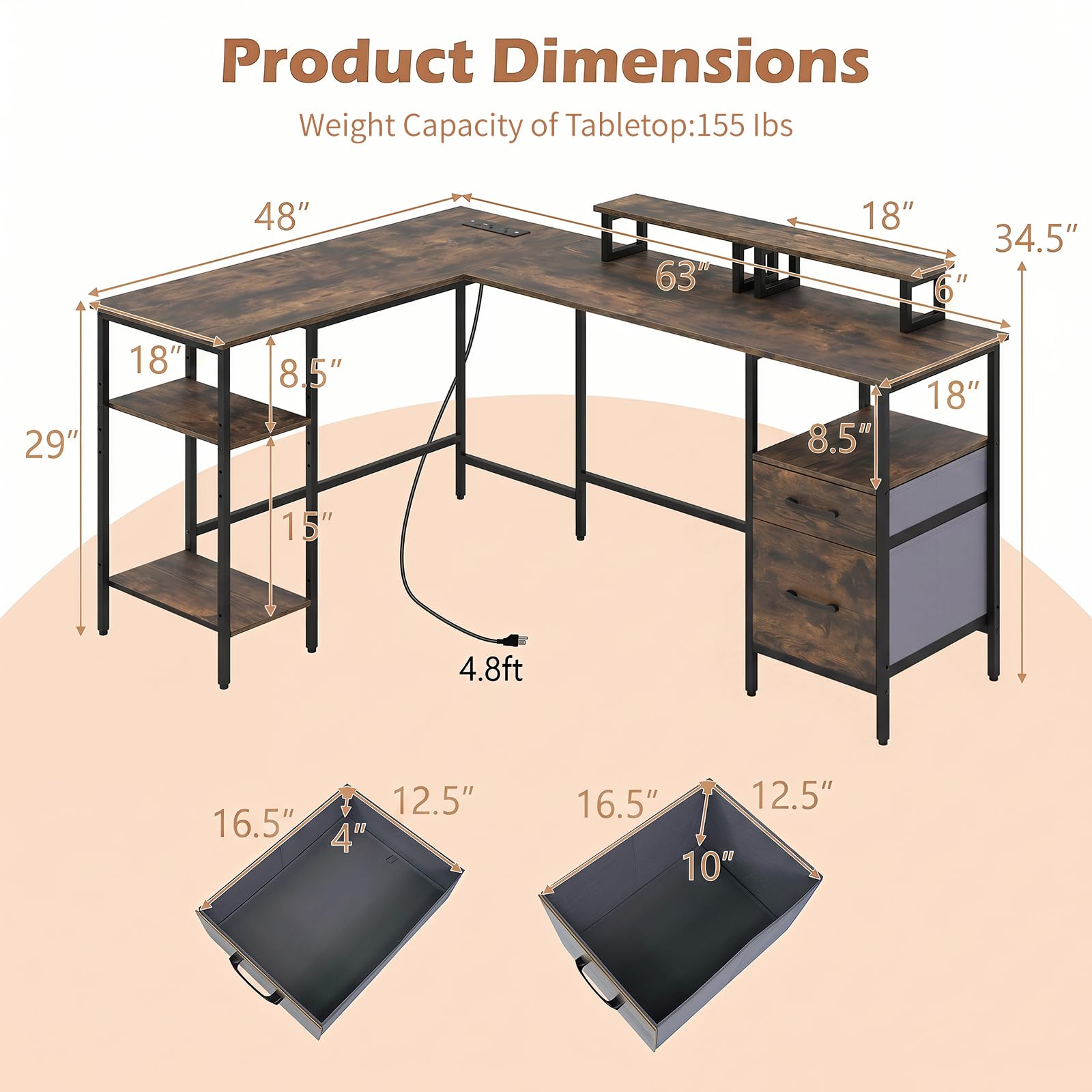 Tangkula 63" Reversible L Shaped Desk with Storage Drawers & Monitor Stand | Power Outlet