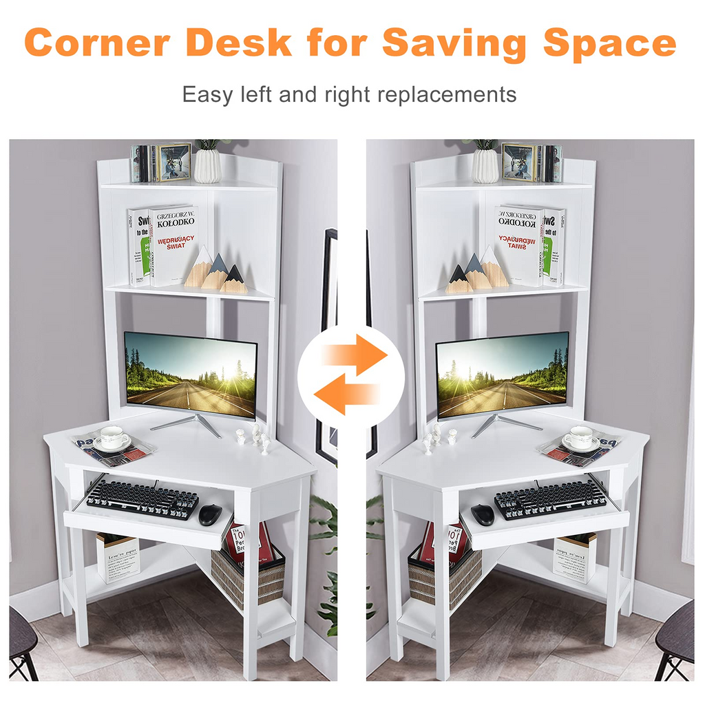 Tangkula White Corner Desk with Hutch, 90 Degrees Triangle Corner Computer Desk