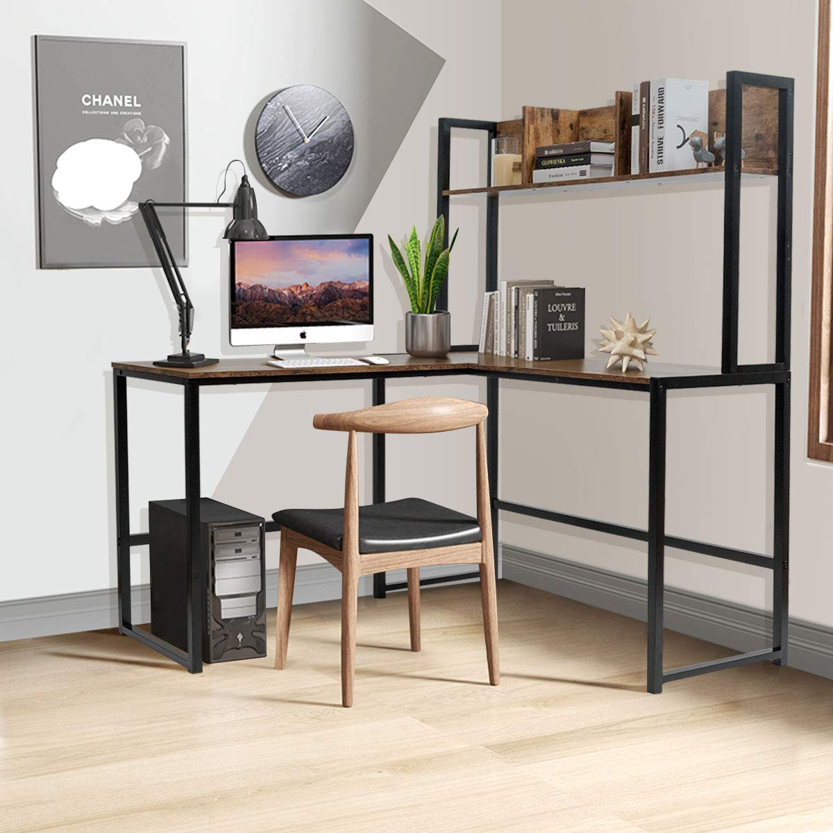 Tangkula Reversible L-Shaped Desk with Hutch, Space Saving Corner Computer Desk with Storage Bookshelf