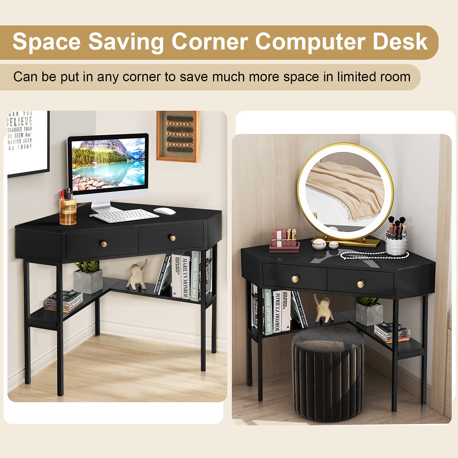 Corner Desk with 2 Drawers, 90° Triangle Corner Computer Desk for Small Space