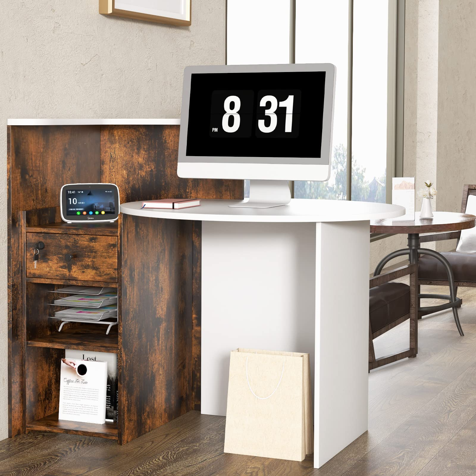 Tangkula Reception Desk, Front Counter Desk with Lockable Drawer & Adjustable Shelf