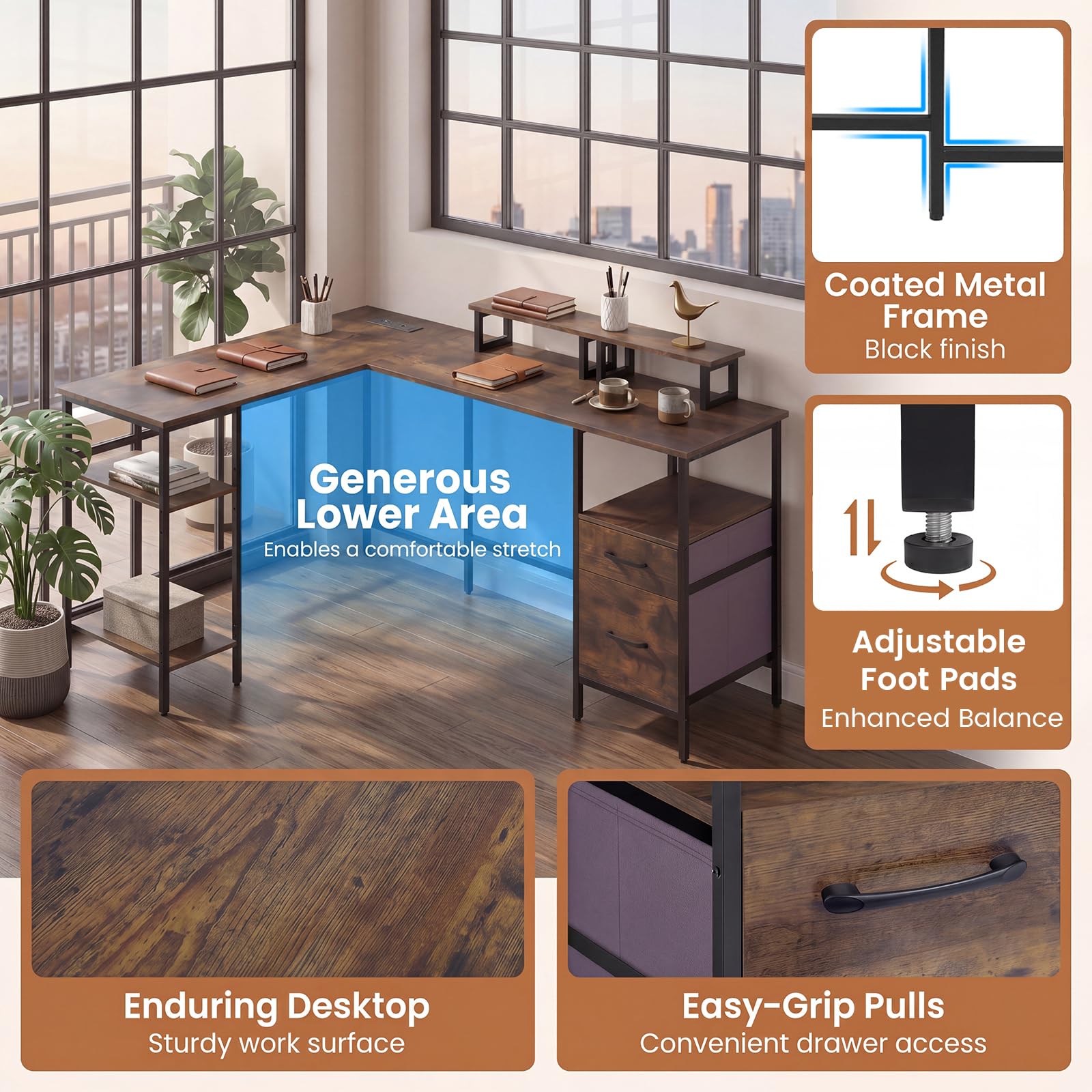 Tangkula 63" Reversible L Shaped Desk with Storage Drawers & Monitor Stand | Power Outlet