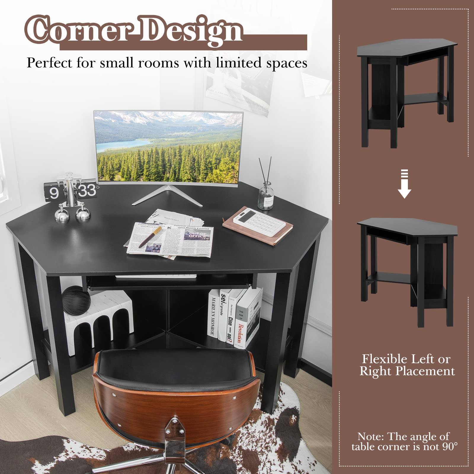 Tangkula Corner Desk, Corner Computer Desk with Smooth Keyboard Tray for Small Space