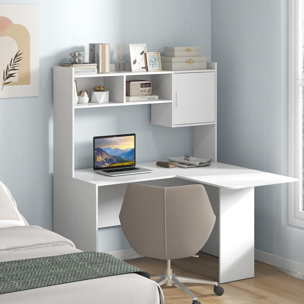 Tangkula L-Shaped Desk with Storage Hutch, Corner Computer Desk with Shelves & Cabinet, White