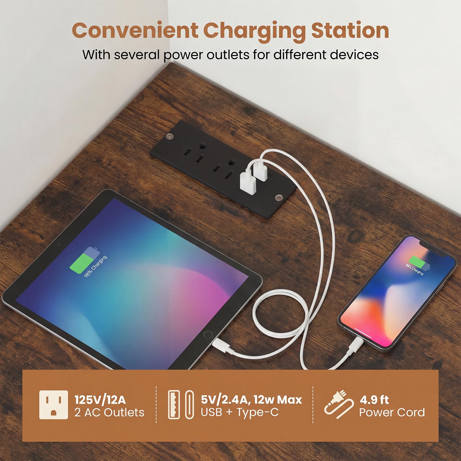 Tangkula 90-Degree Triangle Corner Desk with Charging Station & Open Storage Shelves