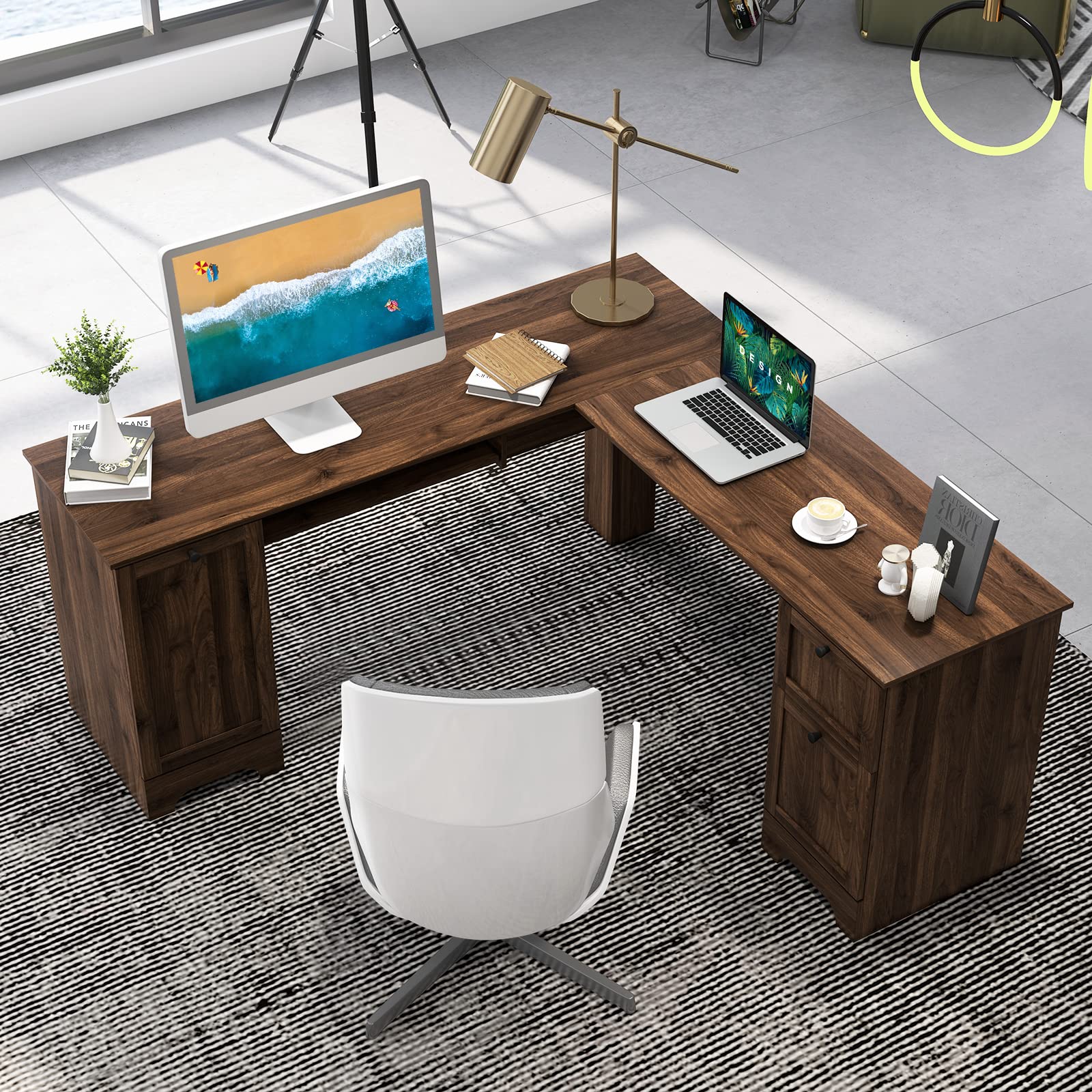 Tangkula L-Shaped Office Desk with Storage Drawers & Keyboard Tray