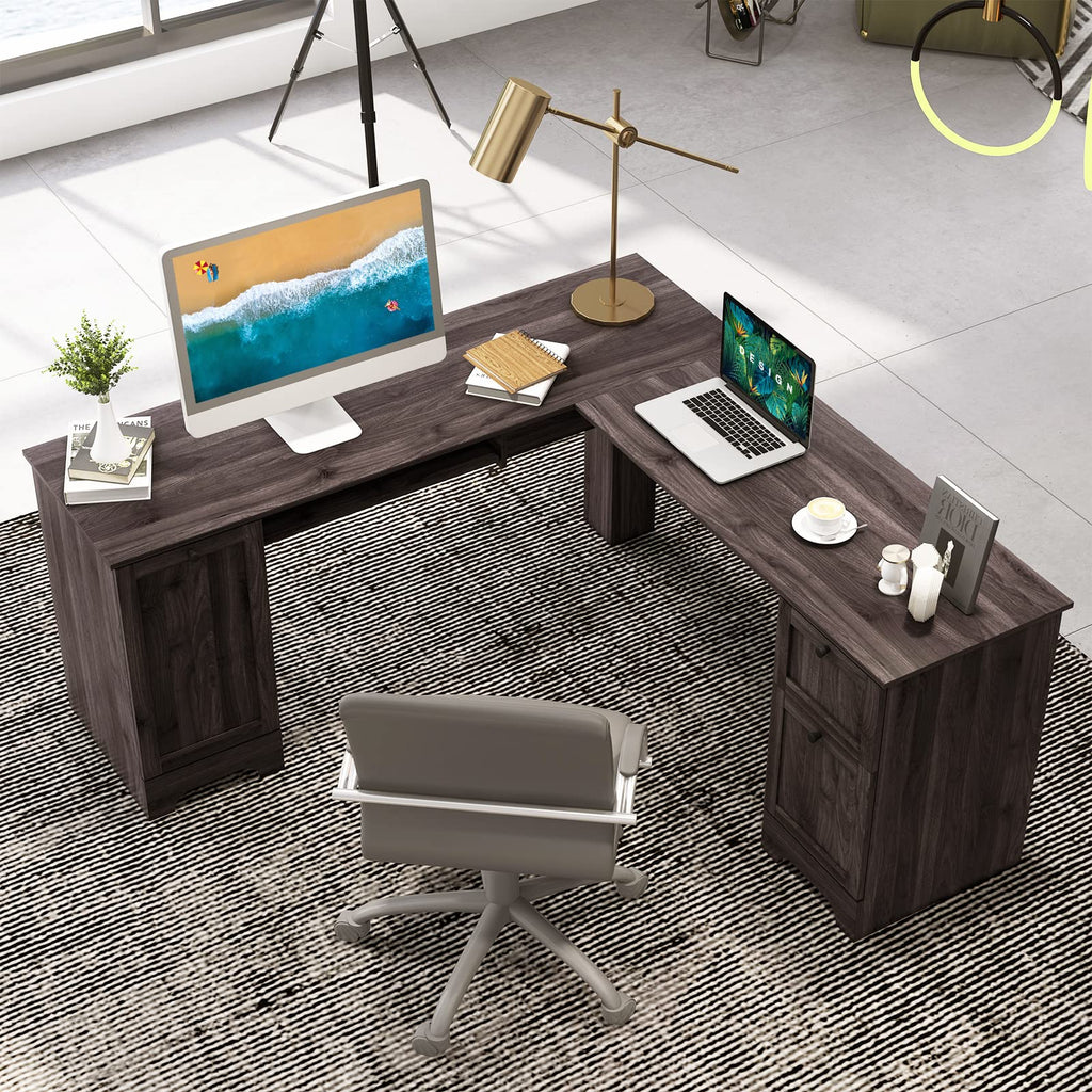 Tangkula L-Shaped Office Desk with Storage Drawers & Keyboard Tray