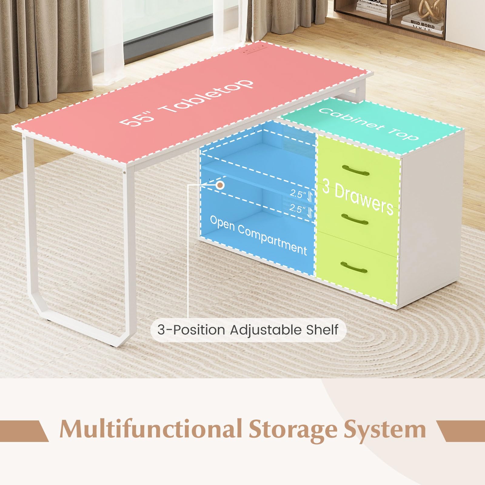 Tangkula 55" Reversible L Shaped Desk with 3 Drawers
