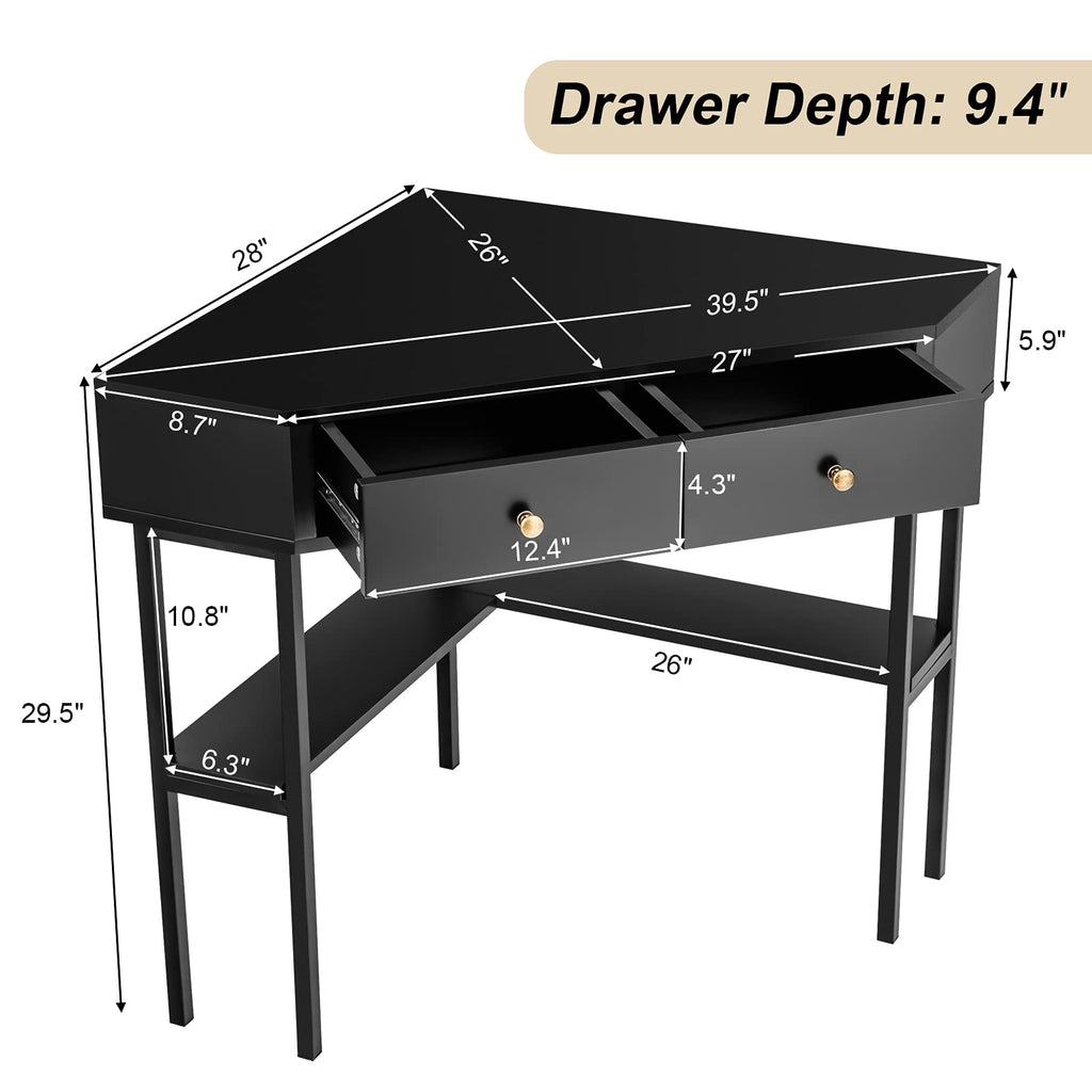 Corner Desk with 2 Drawers, 90° Triangle Corner Computer Desk for Small Space