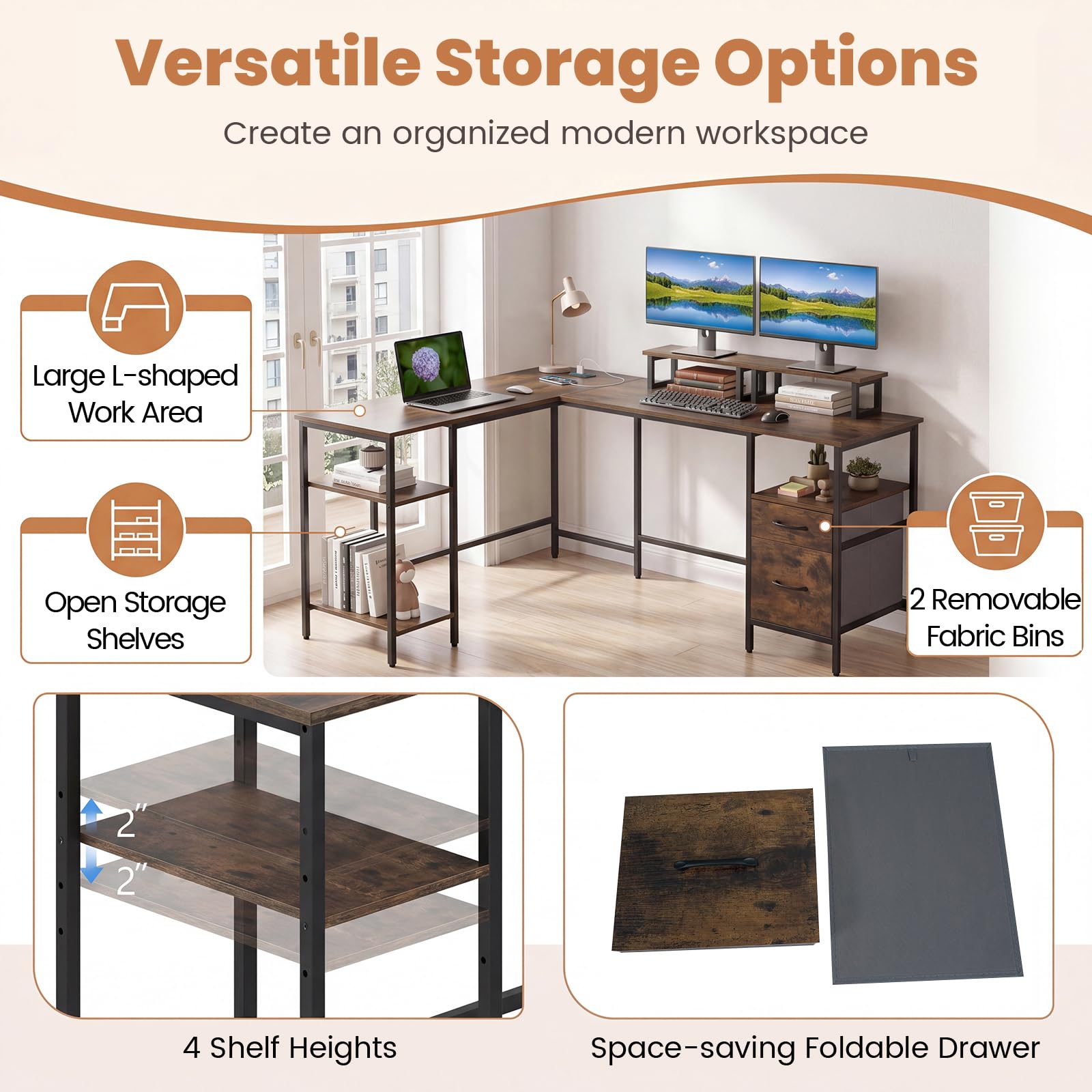 Tangkula 63" Reversible L Shaped Desk with Storage Drawers & Monitor Stand | Power Outlet