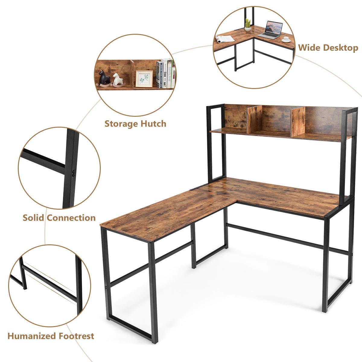 Tangkula Reversible L-Shaped Desk with Hutch, Space Saving Corner Computer Desk with Storage Bookshelf