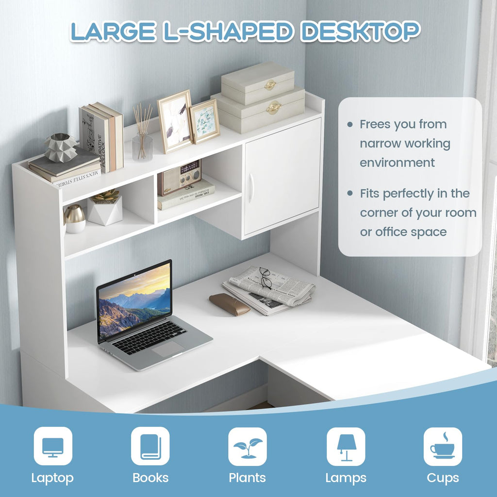 Tangkula L-Shaped Desk with Storage Hutch, Corner Computer Desk with Shelves & Cabinet, White