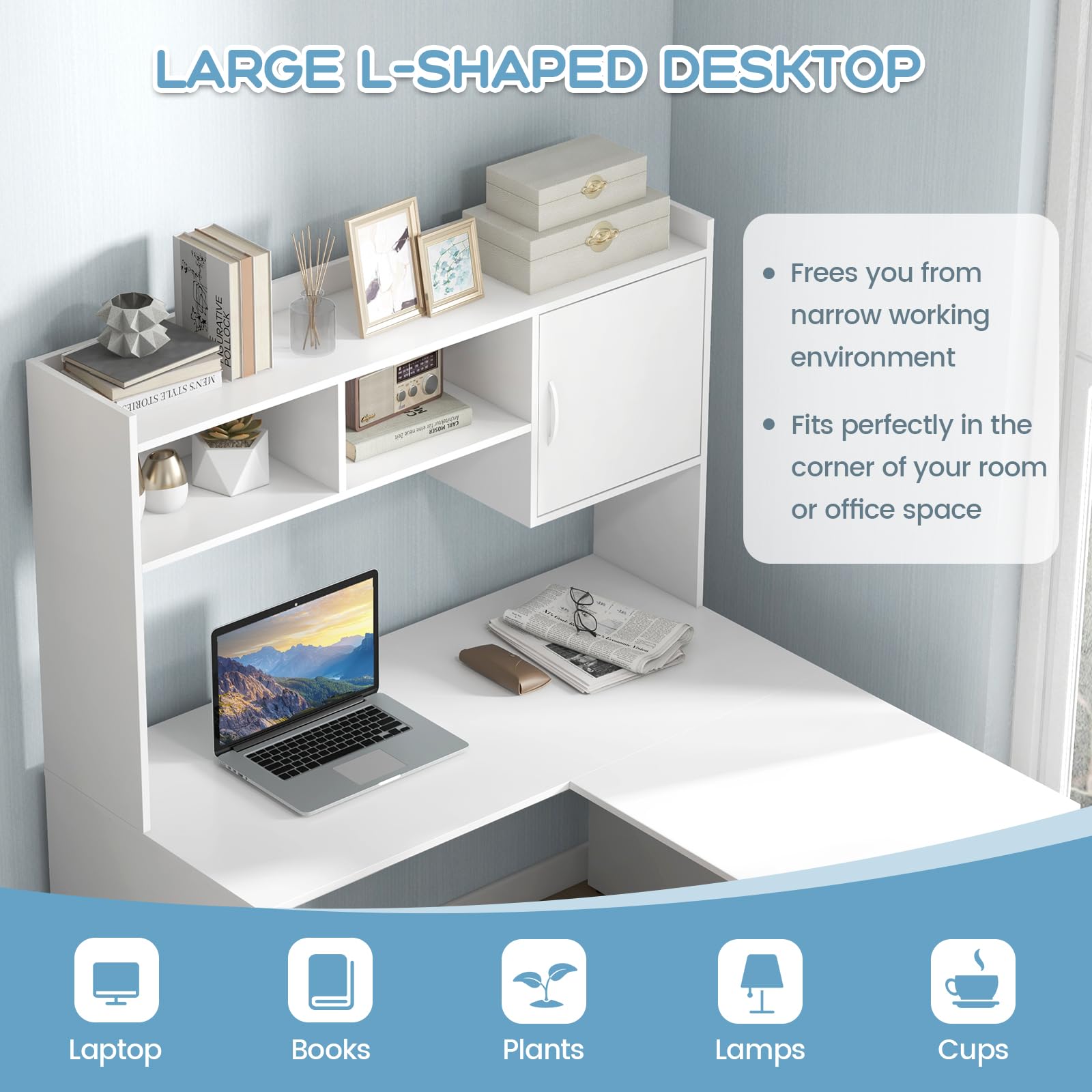 Tangkula L-Shaped Desk with Storage Hutch, Corner Computer Desk with Shelves & Cabinet, White