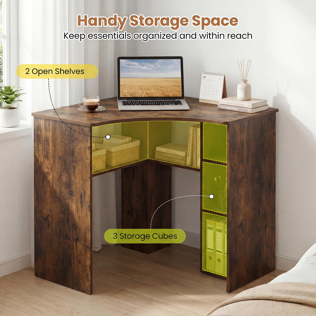 Tangkula 90-Degree Triangle Corner Desk with Charging Station & Open Storage Shelves