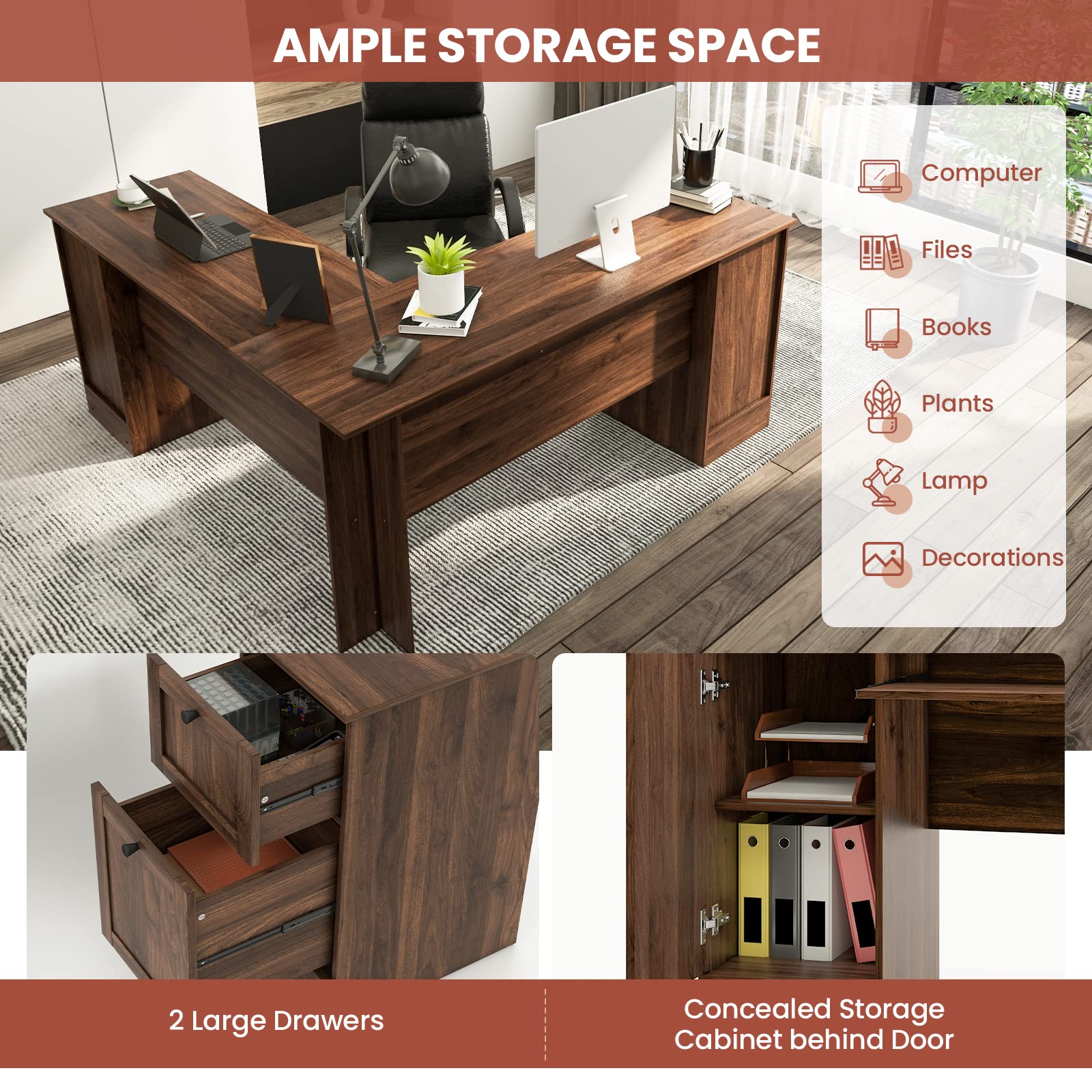 Tangkula L-Shaped Office Desk with Storage Drawers & Keyboard Tray