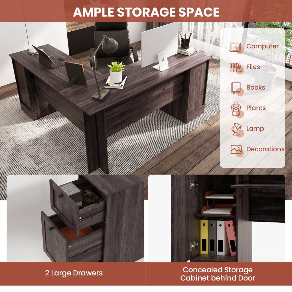 Tangkula L-Shaped Office Desk with Storage Drawers & Keyboard Tray