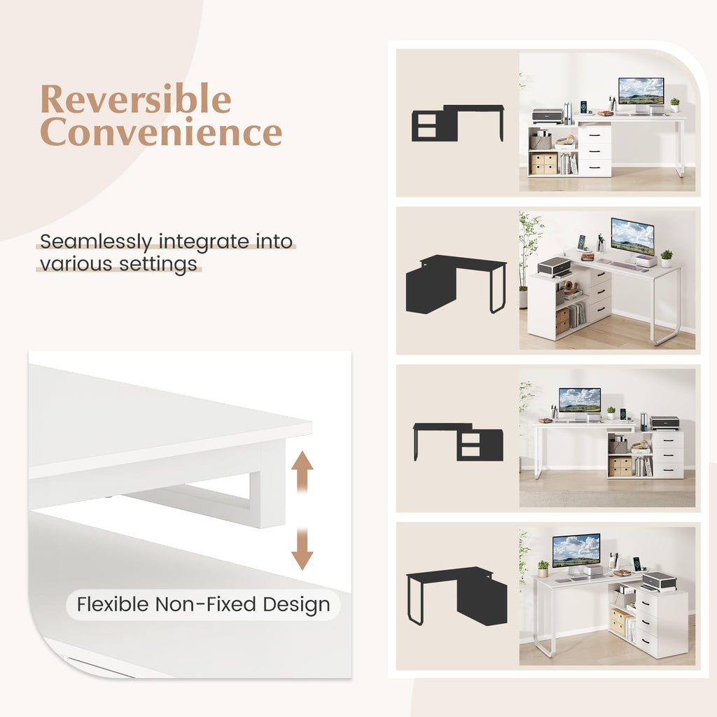 Tangkula 55" Reversible L Shaped Desk with 3 Drawers