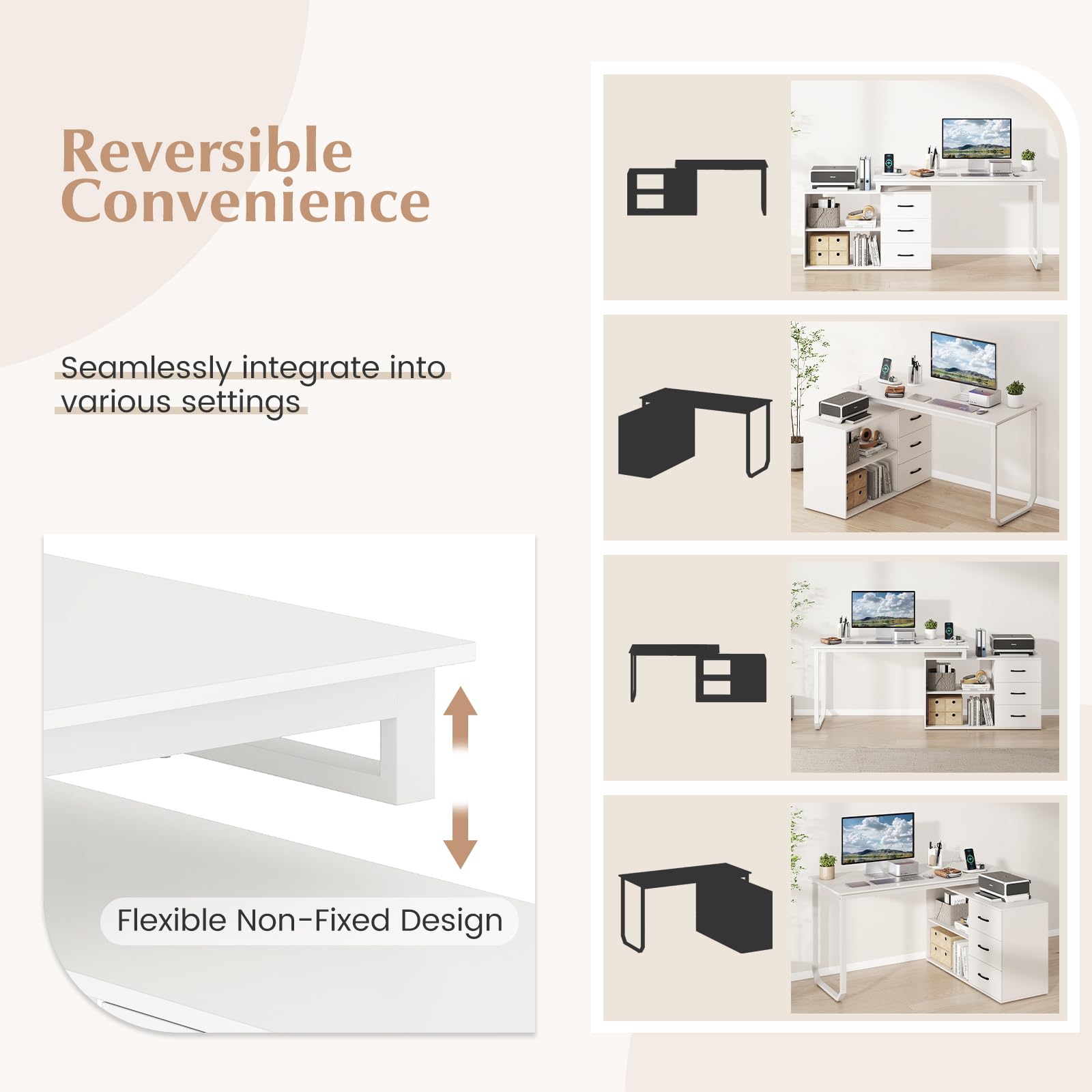 Tangkula 55" Reversible L Shaped Desk with 3 Drawers