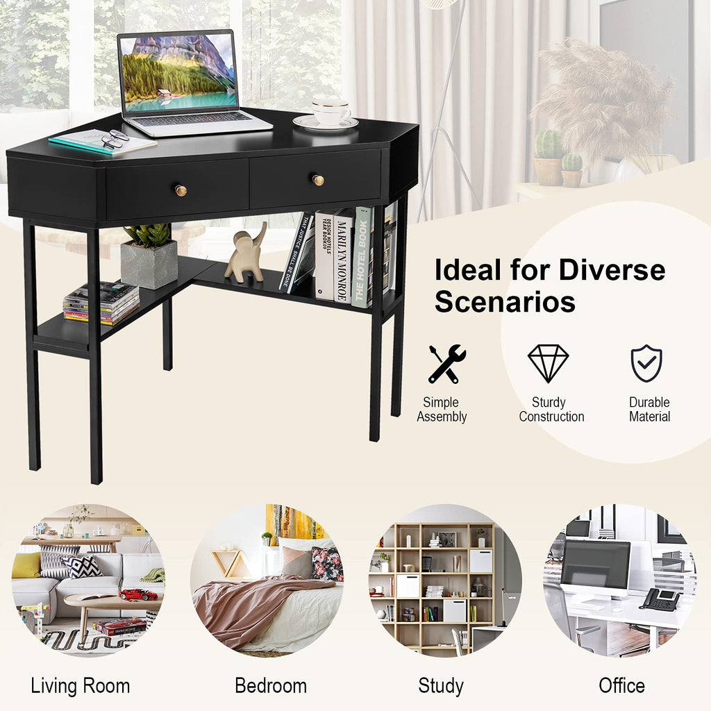 Corner Desk with 2 Drawers, 90° Triangle Corner Computer Desk for Small Space