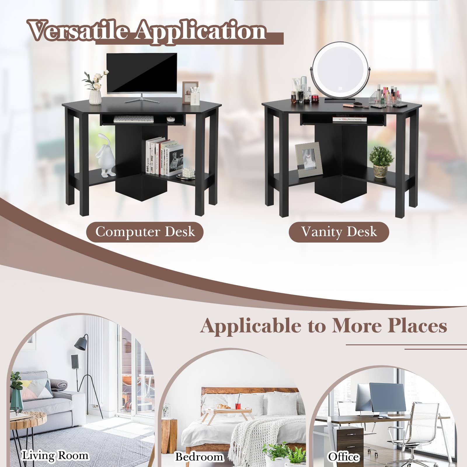 Tangkula Corner Desk, Corner Computer Desk with Smooth Keyboard Tray for Small Space