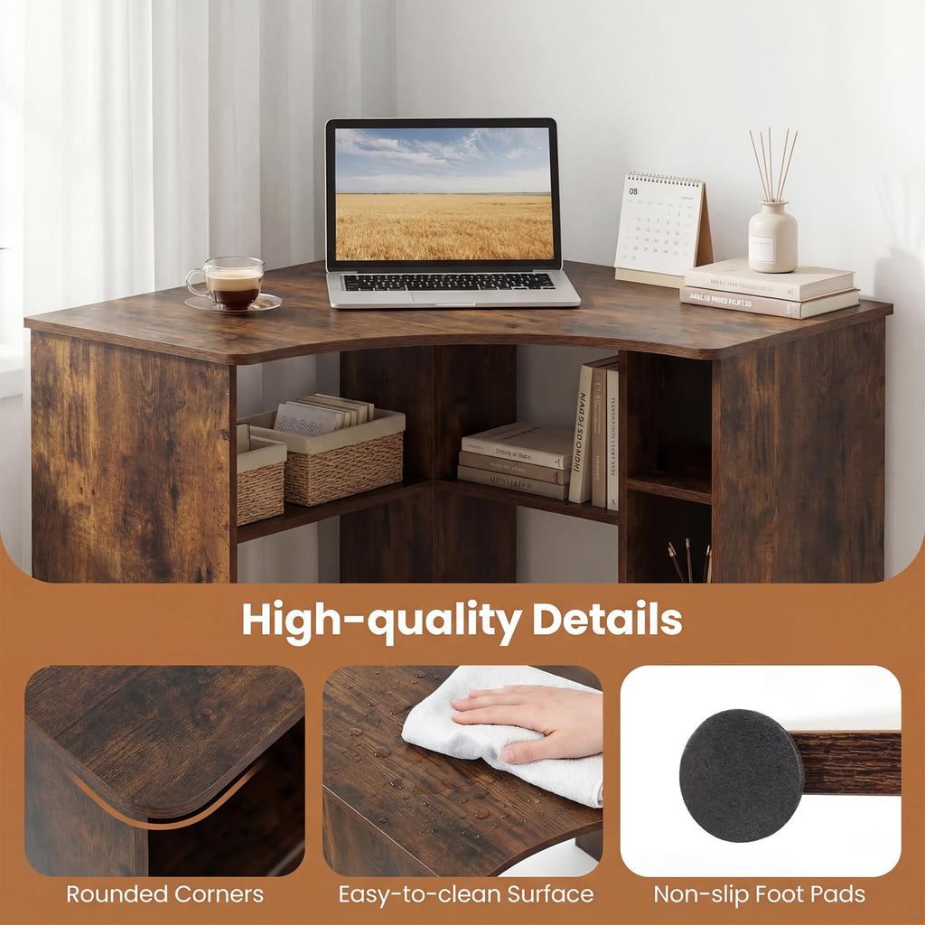 Tangkula 90-Degree Triangle Corner Desk with Charging Station & Open Storage Shelves