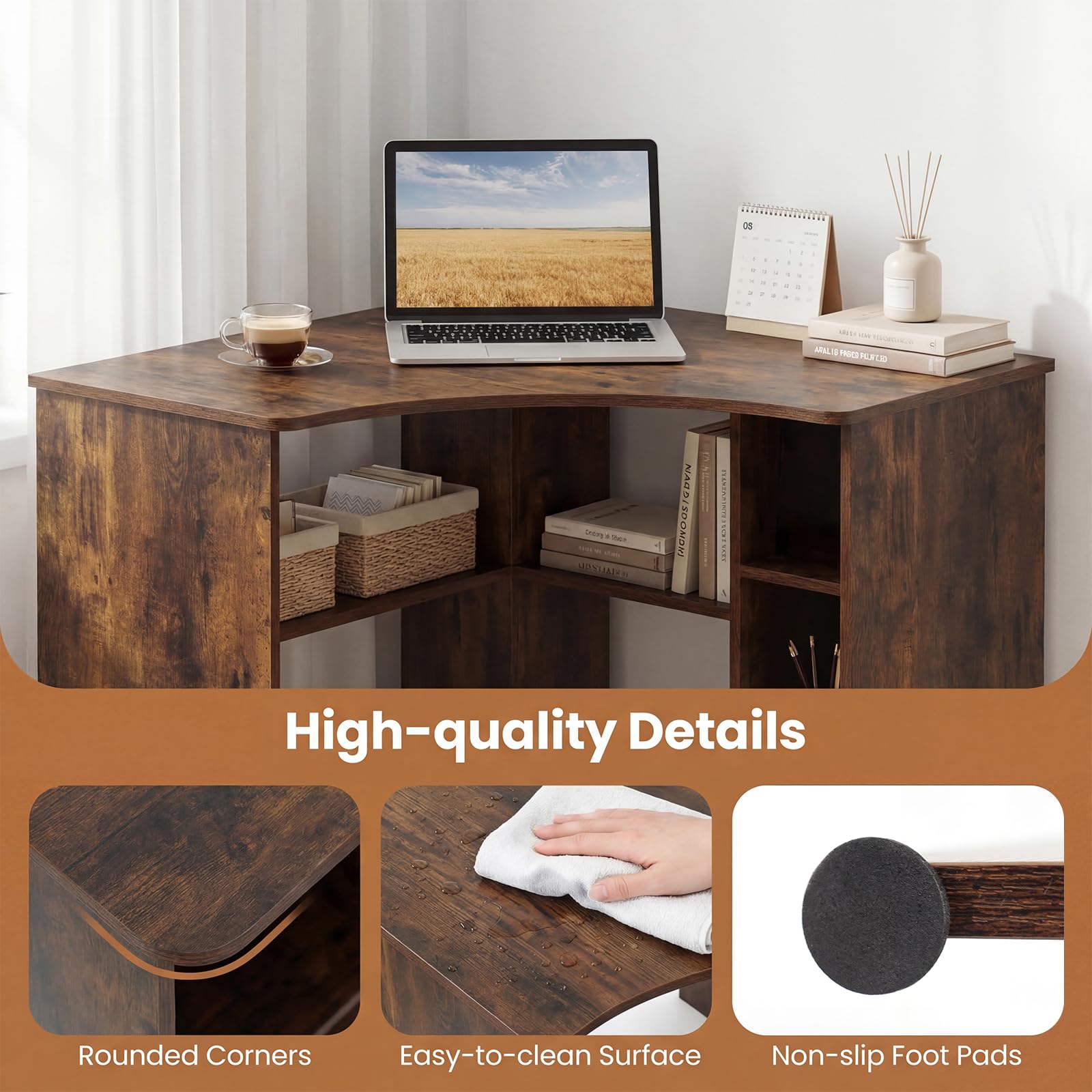 Tangkula 90-Degree Triangle Corner Desk with Charging Station & Open Storage Shelves