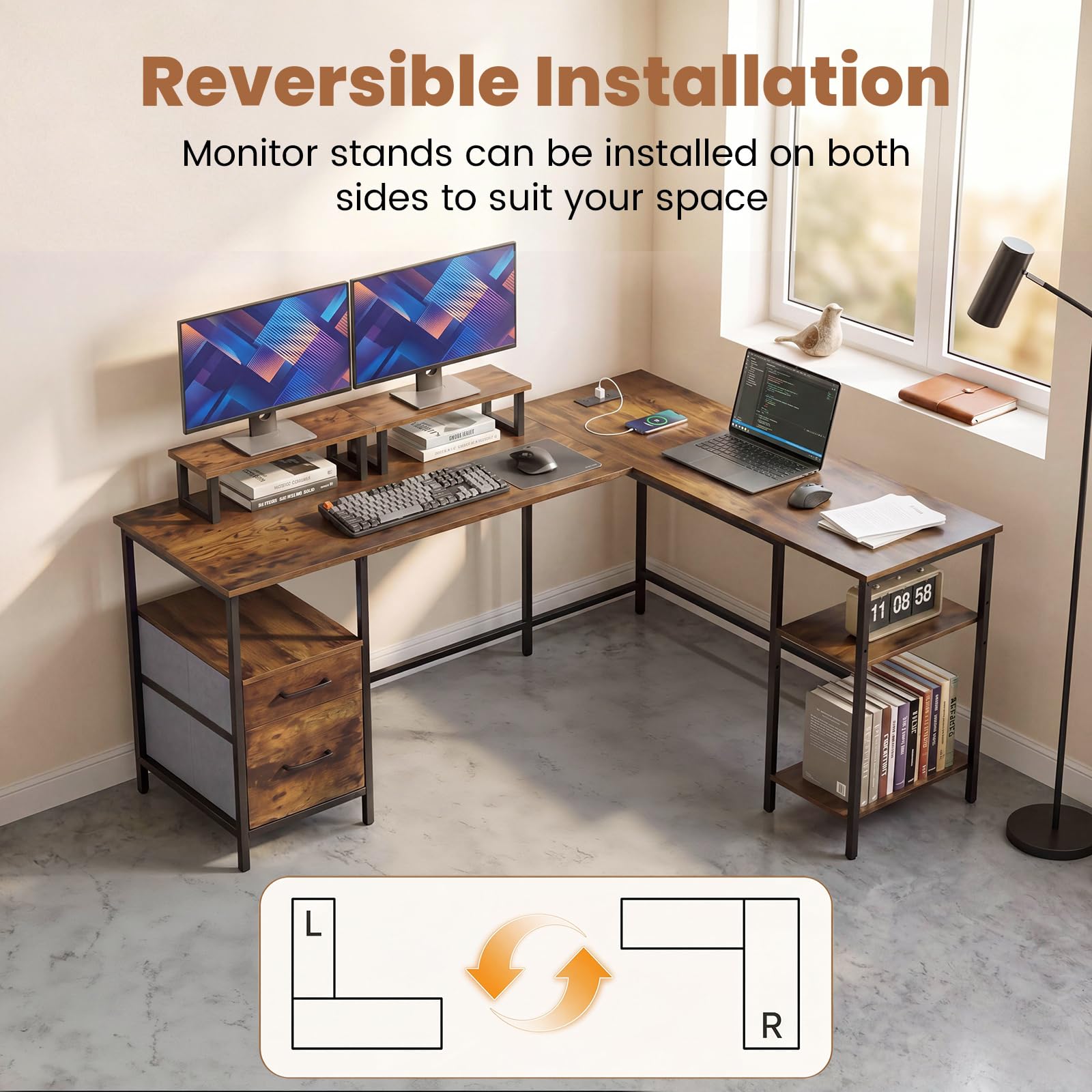 Tangkula 63" Reversible L Shaped Desk with Storage Drawers & Monitor Stand | Power Outlet