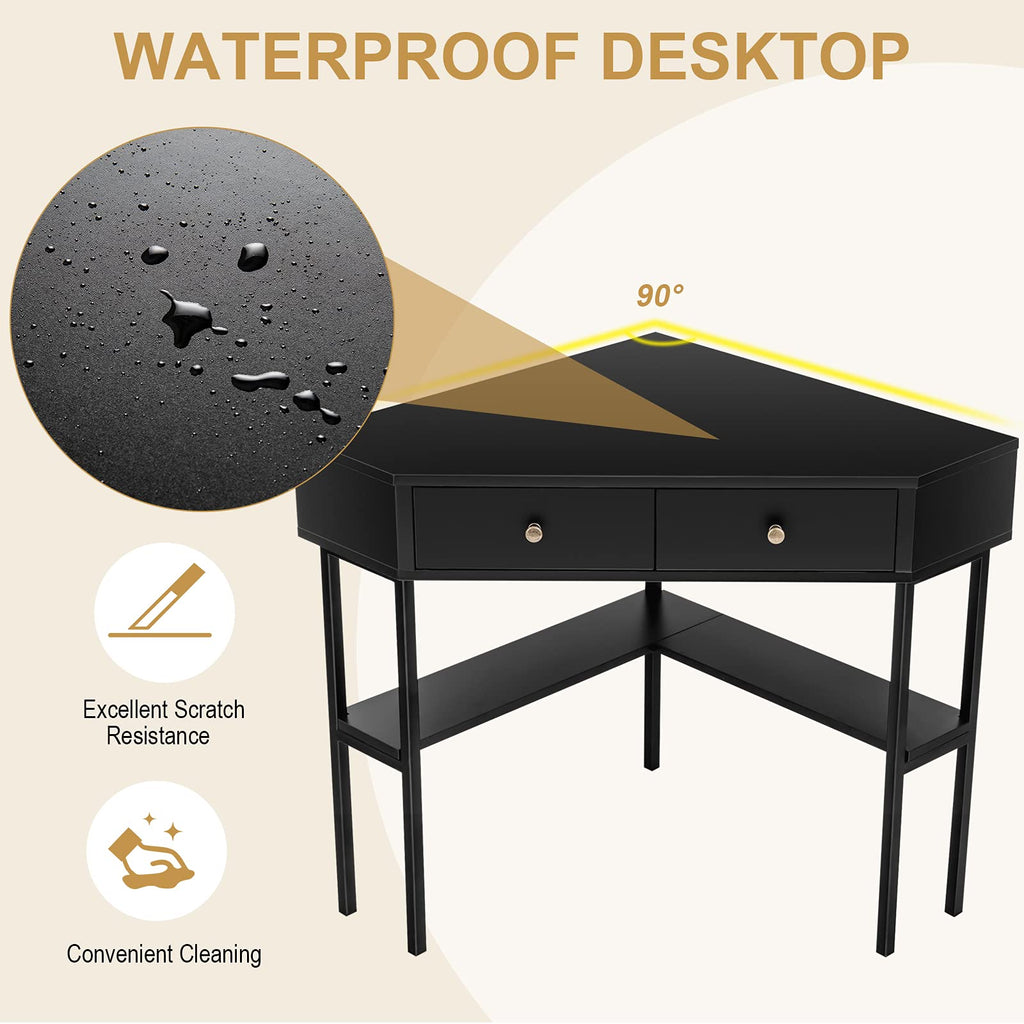 Corner Desk with 2 Drawers, 90° Triangle Corner Computer Desk for Small Space