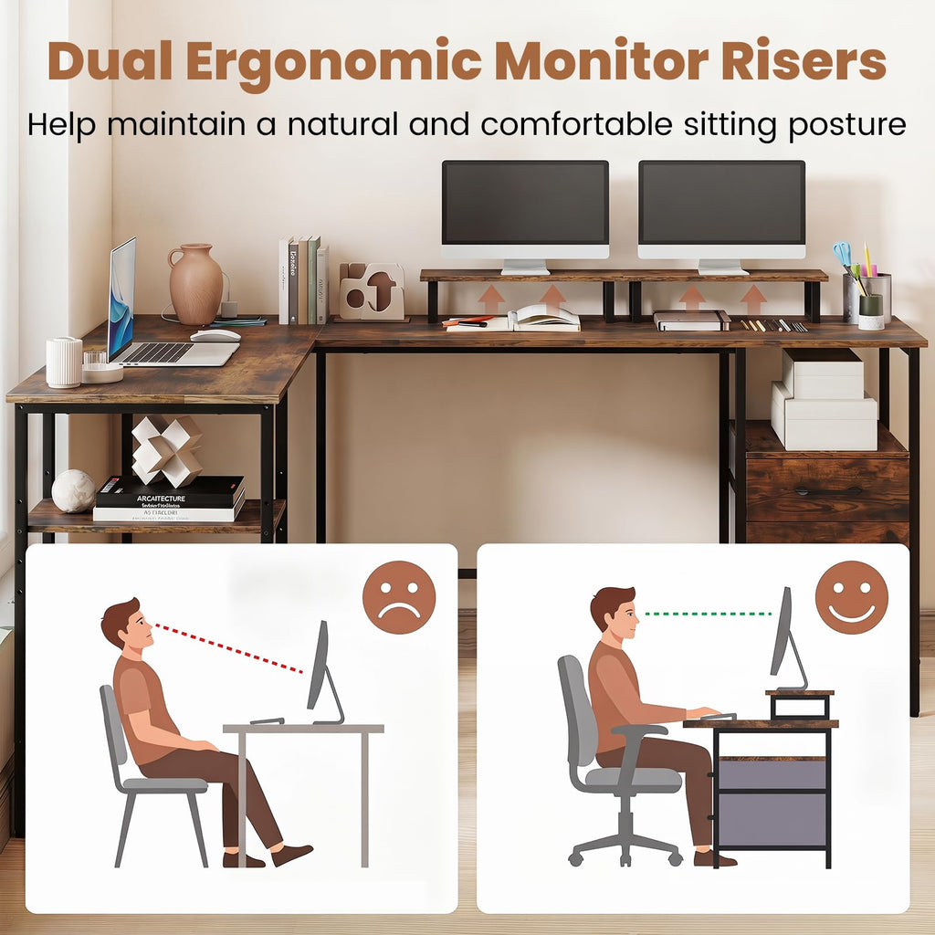 Tangkula 63" Reversible L Shaped Desk with Storage Drawers & Monitor Stand | Power Outlet