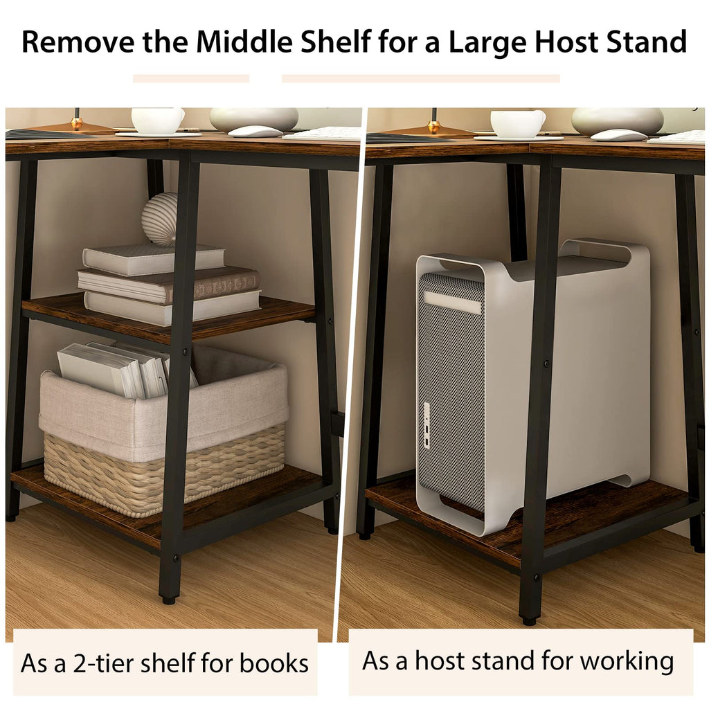 L Shaped Desk, Space Saving Corner Desk w/ 2 Tier Storage Shelves