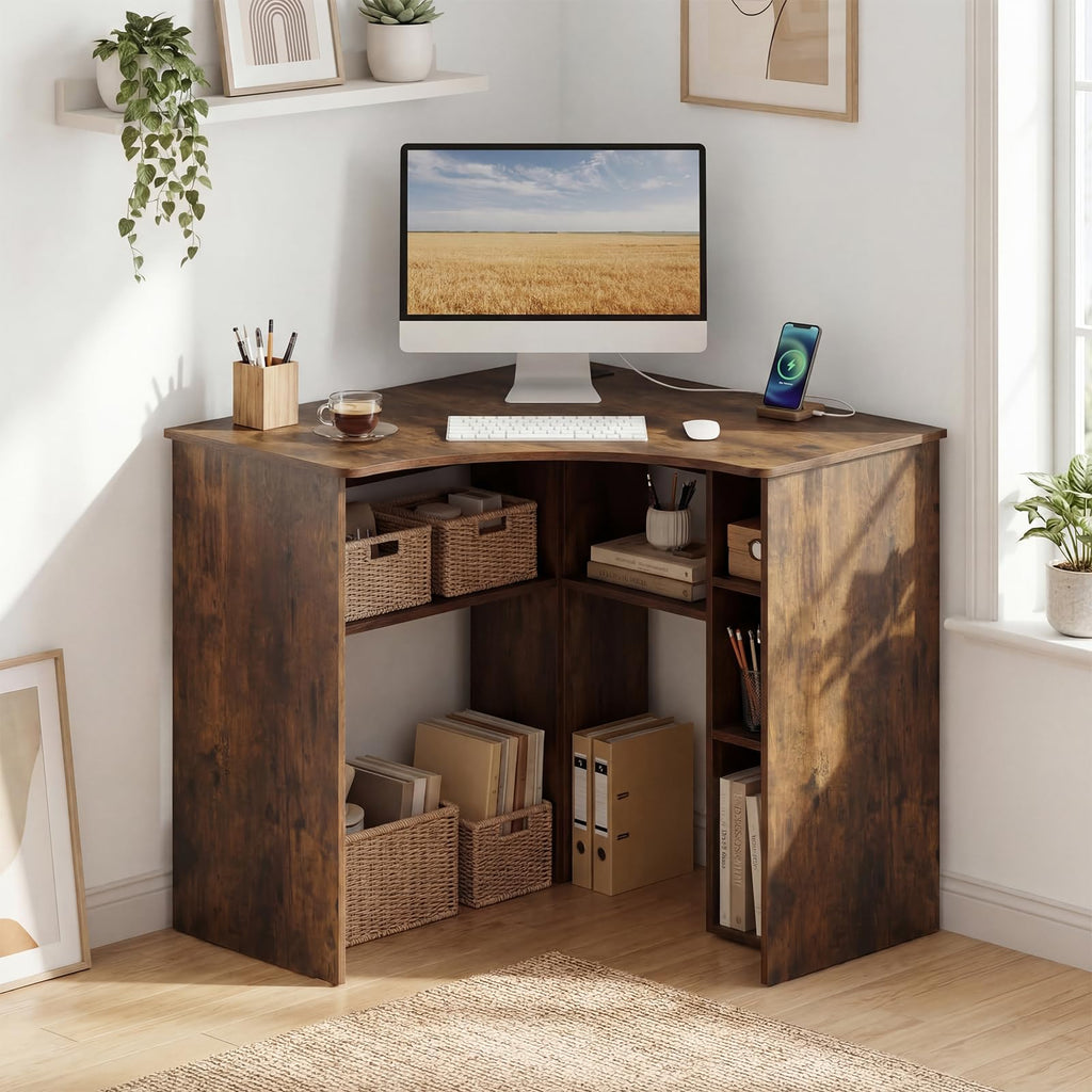 Tangkula 90-Degree Triangle Corner Desk with Charging Station & Open Storage Shelves