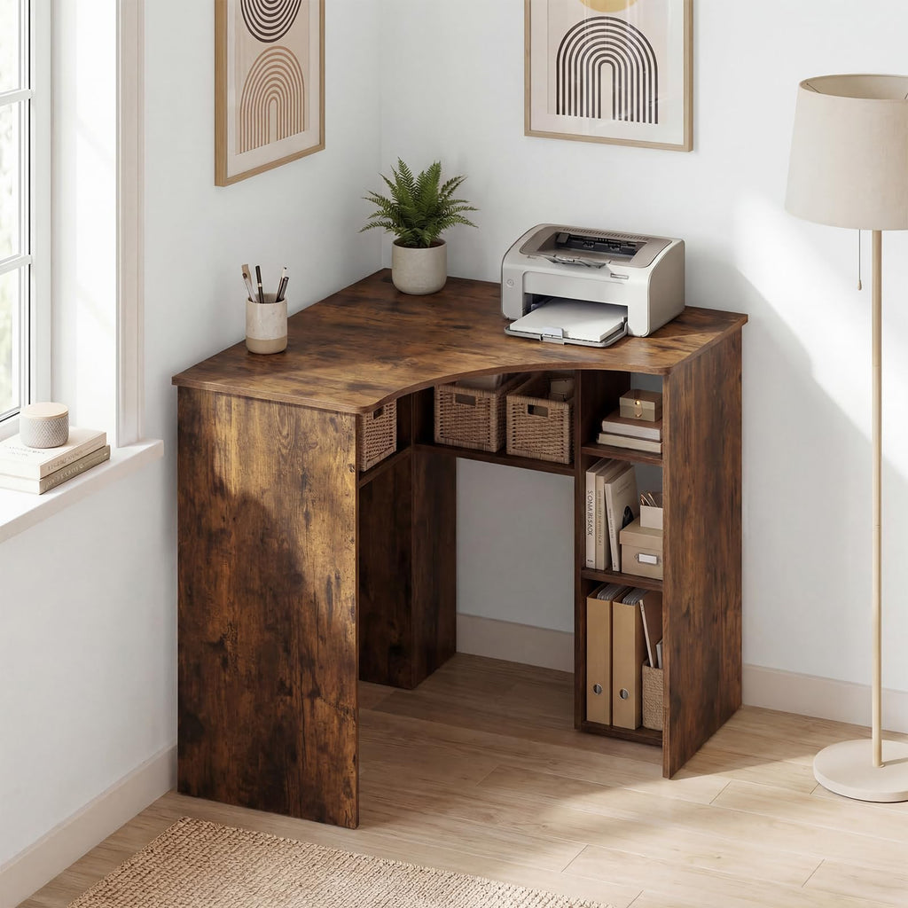 Tangkula 90-Degree Triangle Corner Desk with Charging Station & Open Storage Shelves