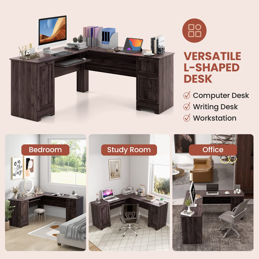 Tangkula L-Shaped Office Desk with Storage Drawers & Keyboard Tray