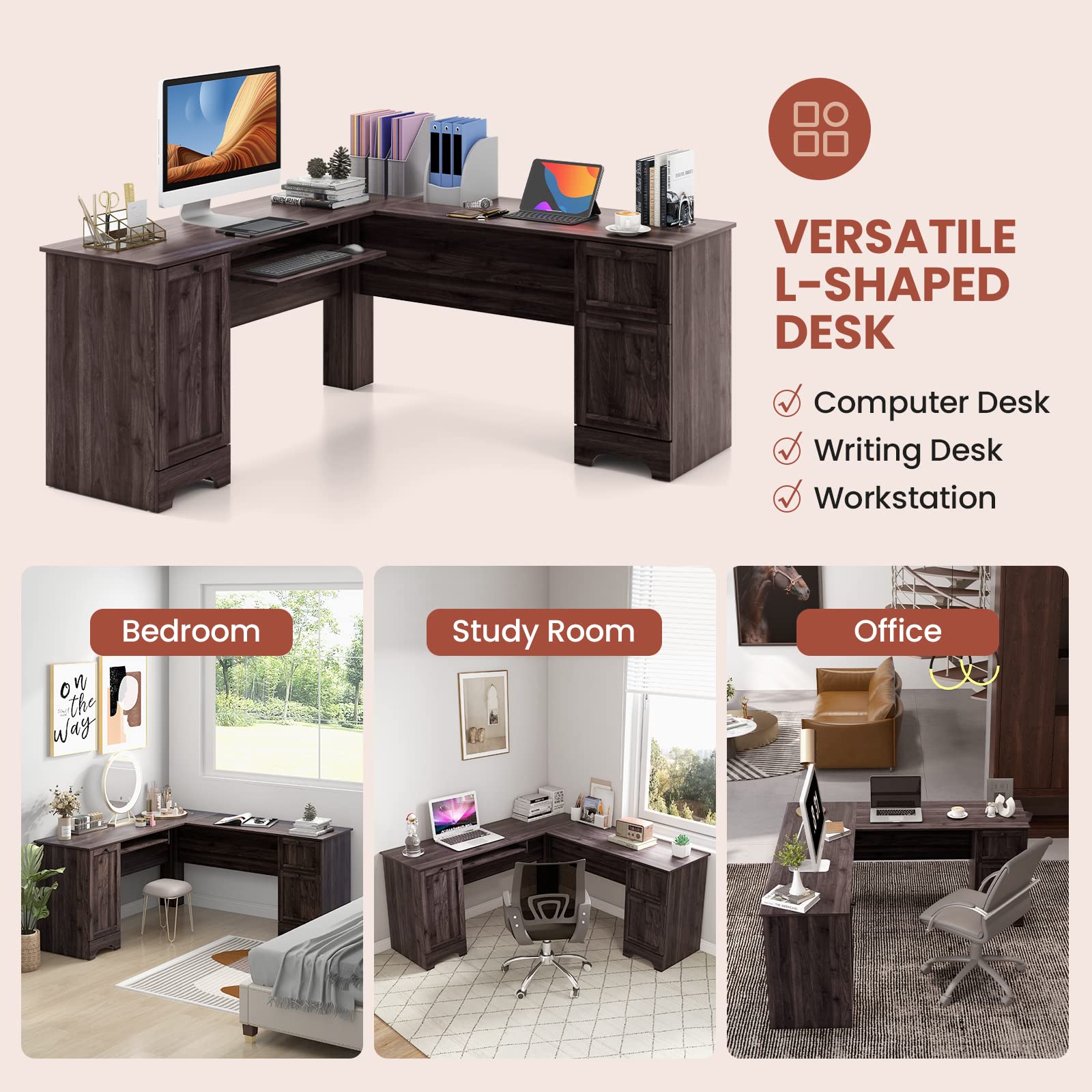Tangkula L-Shaped Office Desk with Storage Drawers & Keyboard Tray
