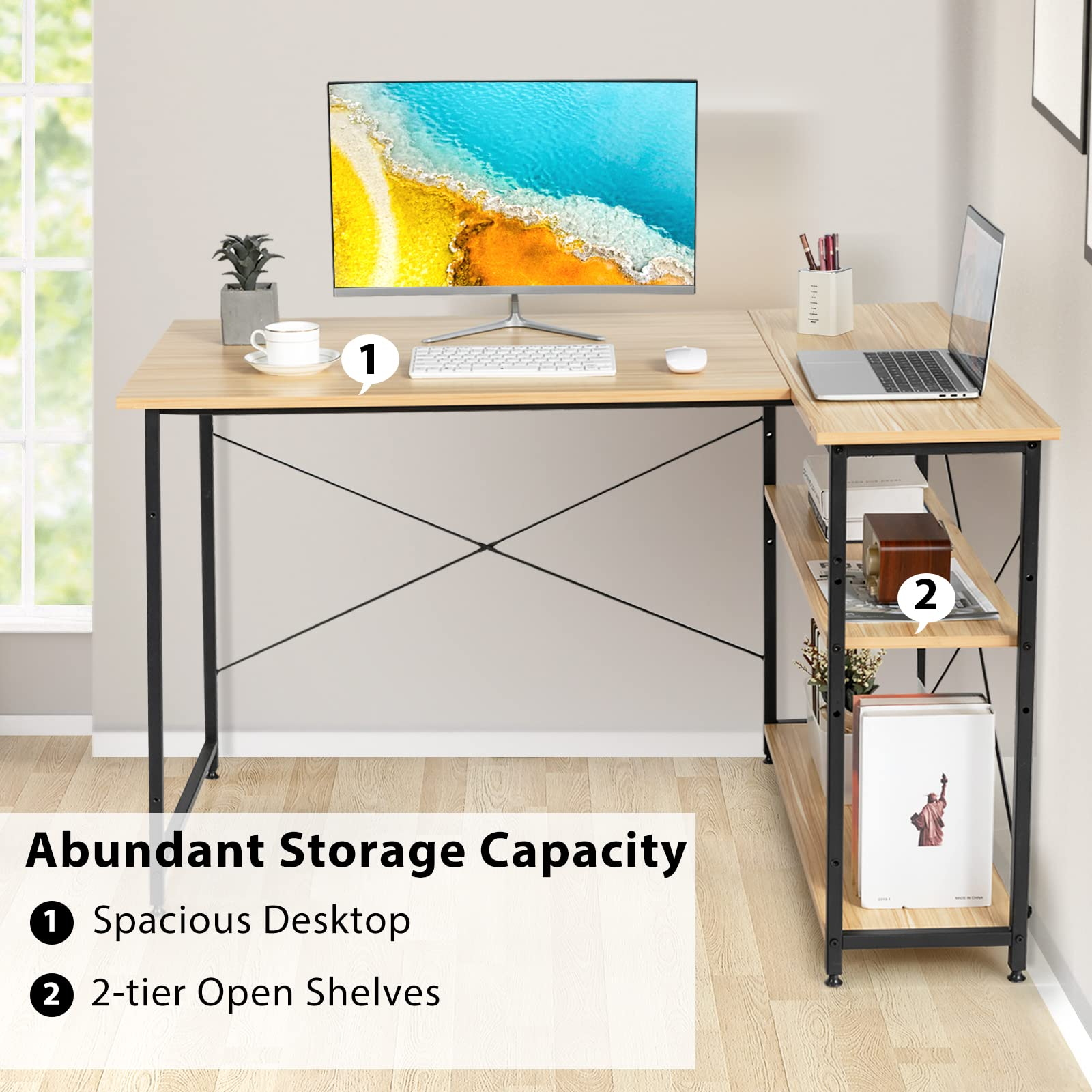 Tangkula L-Shaped Computer Desk with Reversible Shelves