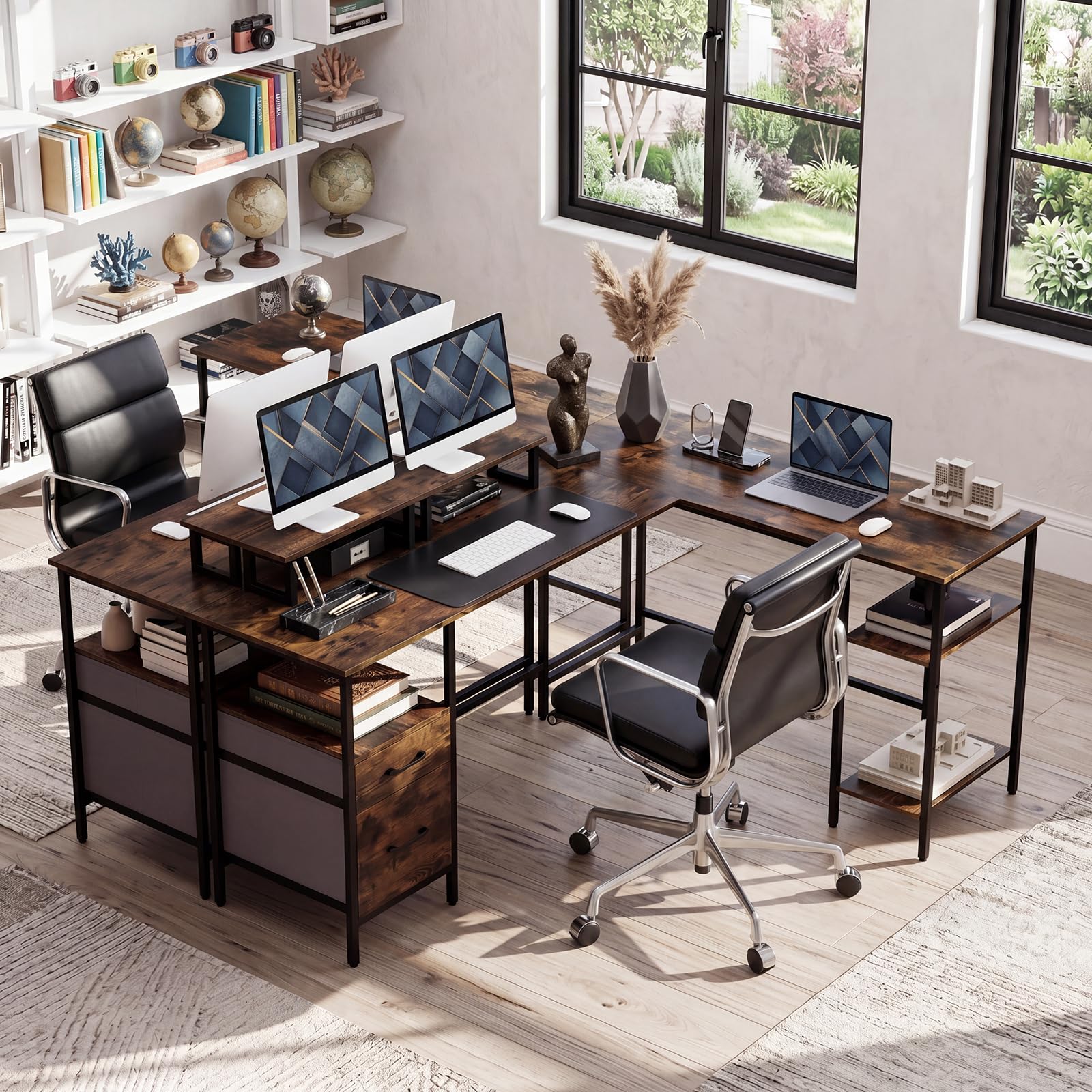 Tangkula 63" Reversible L Shaped Desk with Storage Drawers & Monitor Stand | Power Outlet